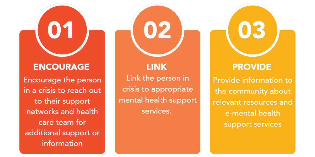 1. Encourage: Encourage the person in a crisis to reach out to their support networks and health care team for additional support or information. 
2. Link: Link the person in crisis to appropriate mental health support services. 
3. Provide: Provide information to the community about relevant resources and e-mental health support services. 